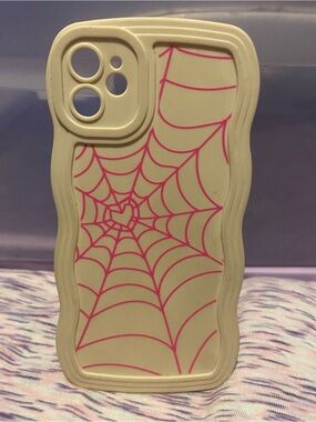 iPhone 11 Silicone Spiderweb Phone Case - Light Cream with Pink Design